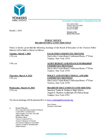 YONKERS PUBLIC SCHOOLS: Public Notice For March Meetings